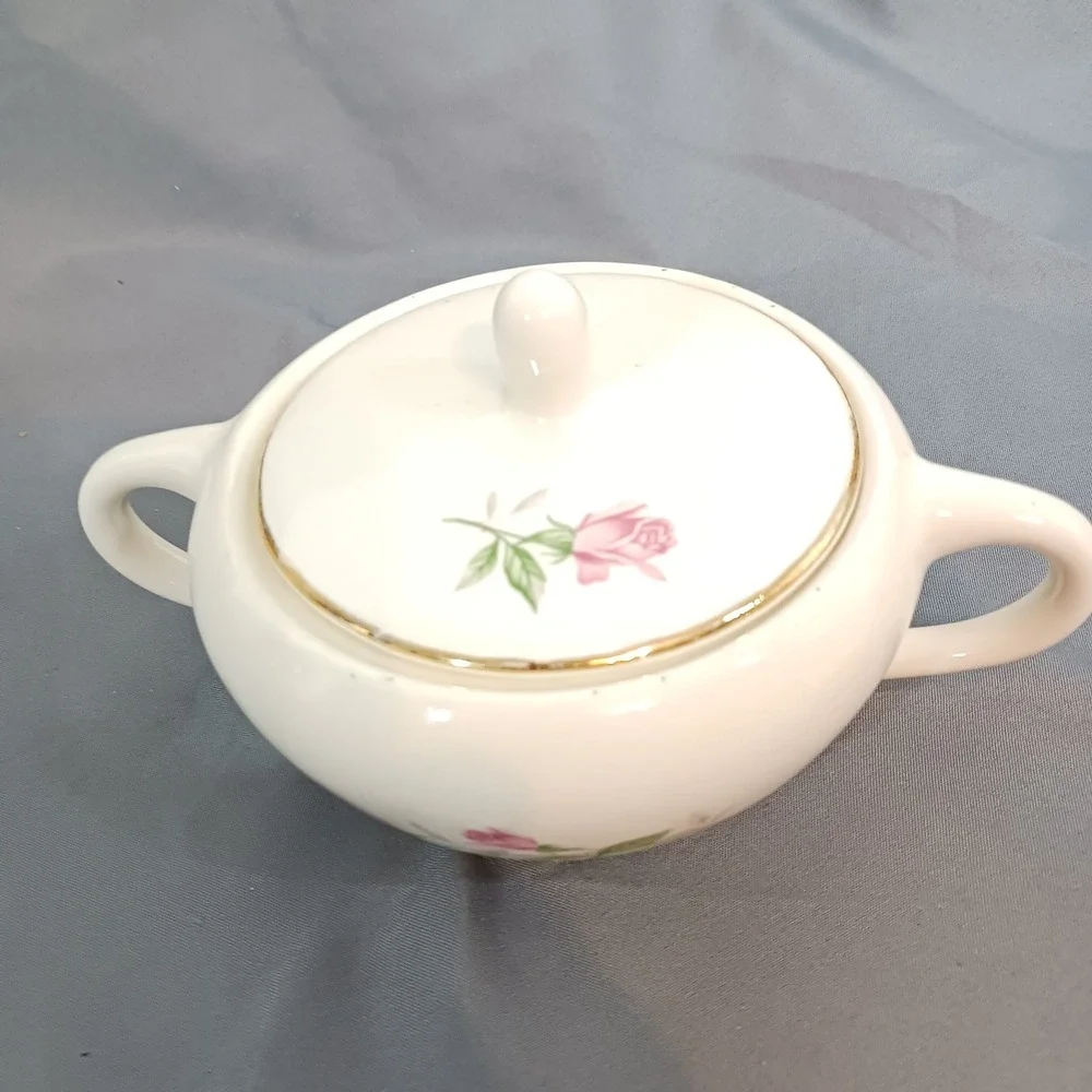 Vintage Sugar Bowl White Excellent Pink Rose Gold Trim Vintage